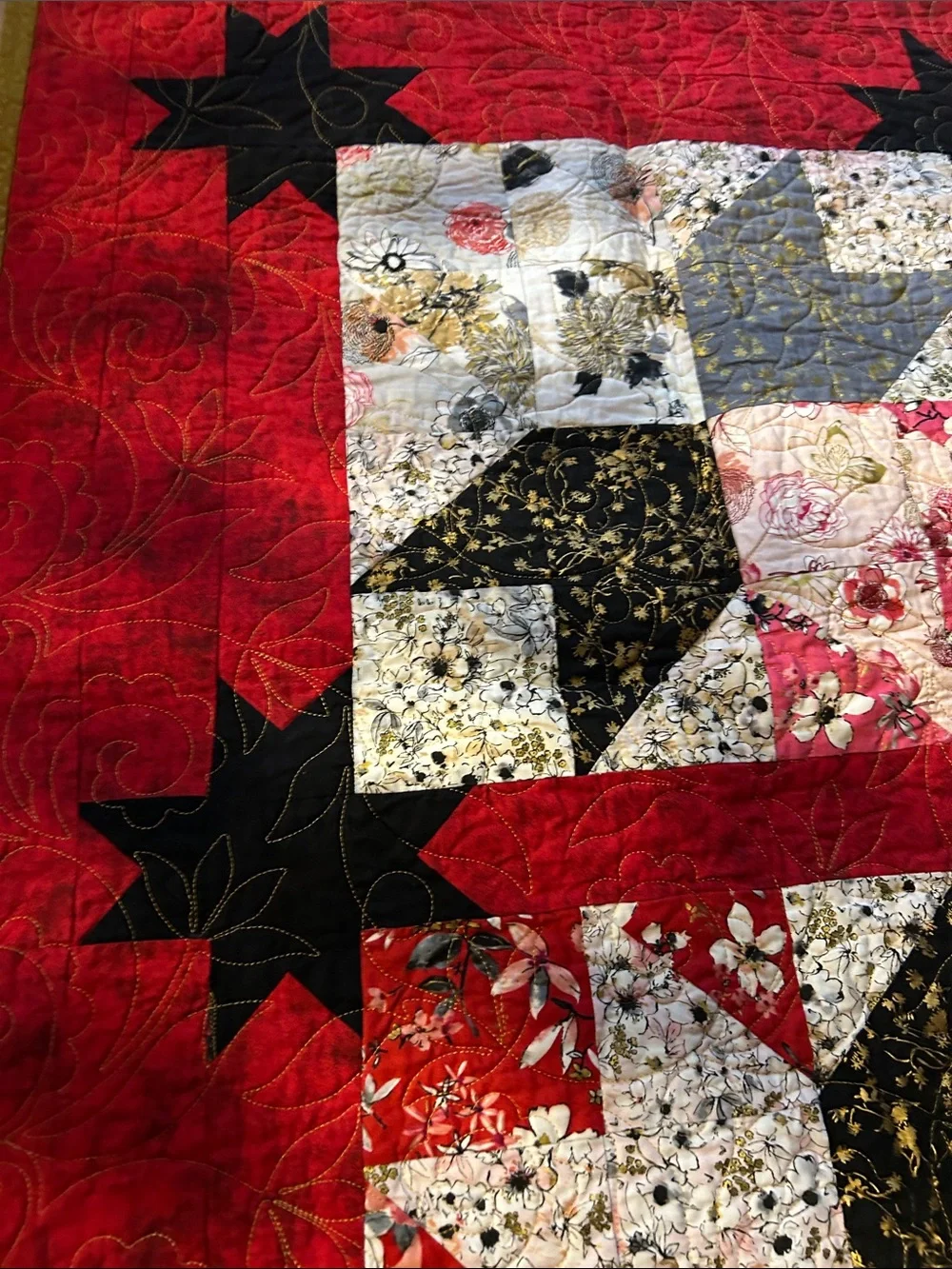 ONE IF A KIND - HANDCRAFTED Floral  Quilt - Red, Black, Pink and White.